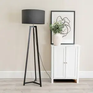 ValueLights Lottie Black Wood Tripod Floor Lamp with Charcoal Grey Drum Shade - LED Bulb Included