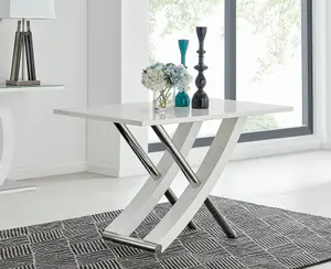 Furniturebox UK Mayfair 4 White High Gloss And Stainless Steel Dining Table And 4 Grey Murano Chairs