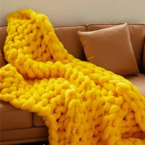 Light Yellow Soft Chunky Knitted Throw Bed Blankets Sofa Handwoven 100cm L x 80cm W