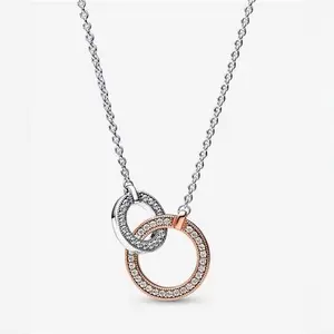 Pandora Signature Two Tone Intertwined Circles Necklace - Sterling Silver And 14K Rose Gold-Plated Unique Metal Blend / Cubic Zirconia - Sz. 45 cm