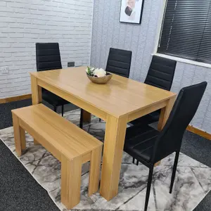 Kitchen Dining Table With 4 Chairs 1 Bench Dining Table Room Set 6 Wooden OAK Effect Table 4 Black Chairs 1 OAK Bench Kosy Koala