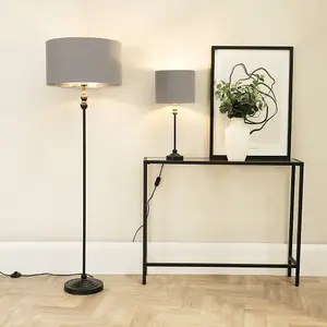 ValueLights Maggie Black Metal Candlestick Floor Lamp with Grey and Metallic Chrome Shade and LED Bulb