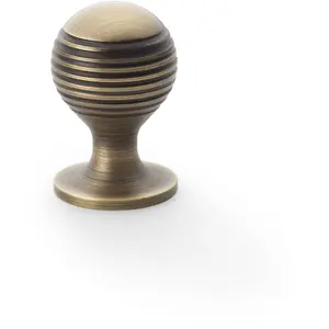 Reeded Ball Door Knob - 25mm Diameter Antique Brass Lined Cupboard Pull Handle