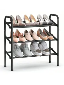 SONGMICS  Expandable Shoe Rack, 3-Tier Metal Shoe Shelf Storage, Adjustable Shoe Organiser, Free Standing Shoe Racks