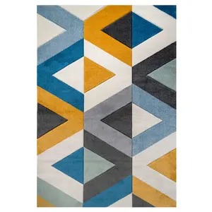 Navy Blue Ochre Diamond Geometric Living Area Rug 120x170cm