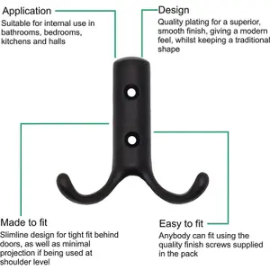 AFIT Black Double Twin Robe Hook Coat Hook Modern - 70mm - Pack of 2