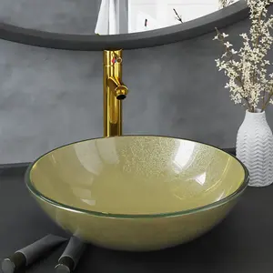 Berkfield Bathroom Sink with Tap and Push Drain Gold Tempered Glass