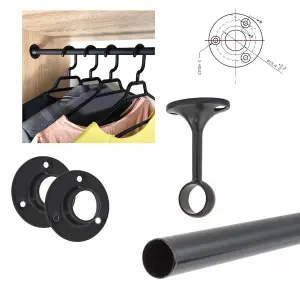 Round Wardrobe Rail Hanging Tube Pipe 1300mm Black Matt Set with End Brackets