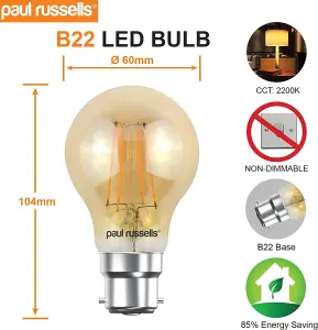 paul russells LED Filament GLS Bulb, 6.5W 650 Lumens, 50w Equivalent, 2200K Extra Warm White Amber, Pack of 6