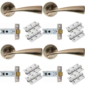 4 PACK - Door Handle & Latch Pack Set- Satin Nickel Curved Flaired Screwless Round Rose Kit