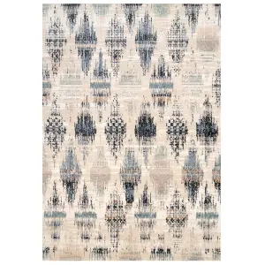 Navy Blue Beige Distressed Diamond Trellis Soft Living Area Rug 60x110cm