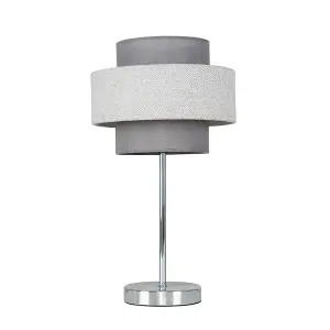 ValueLights Weaver Chrome Touch Bedside Table Lamp with Dark Grey & Light Grey Herringbone Shade - with 5w LED Bulb In Warm White