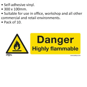 10 Pack of DANGER HIGHLY FLAMMABLE Safety Signs - Self-Adhesive Vinyl Stickers 300 x 100mm