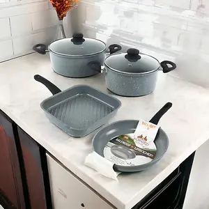 URBN-CHEF 4pcs Carbon Steel Marble Grey Non Stick Casserole Pots, Grill & Frying Pan Cookware