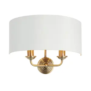 Haywood Antique Brass with Vintage White Faux Silk Shade Classic Modern 2 Light Wall Light