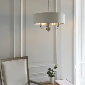 Ceiling Pendant Light - Brushed Chrome Plate & Natural Linen - 3 x 40W E14