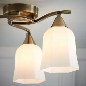 Semi Flush Ceiling Light Antique Brass Opal Glass 3 Bulb Down Lamp Shade Pendant