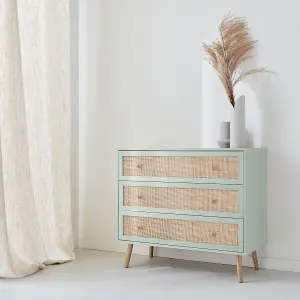 sweeek. 3-drawer chest with wood and cane effect Boheme Celadon Green 90x39x79 cm