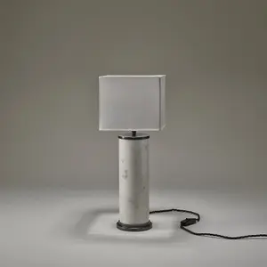 Industville Marble Pillar Cylinder Table Lamp in White & Pewter with White Small Cube Lampshade