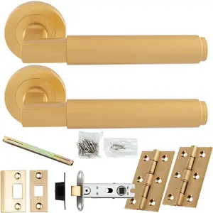 Door Handle & Latch Pack - Satin Brass - Square Smooth Bar Lever On Round Rose