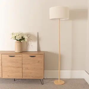 ValueLights Heather Light Wood Single Stem Floor Lamp with Natural White Trim Fabric Drum Shade