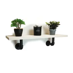 Solid Pine Rustical Shelf White Black Industrial Pipe Bracket 20x60cm