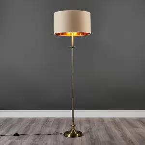 ValueLights Belmont Traditional Antique Brass Sconce Floor Lamp with Beige Gold Drum Shade