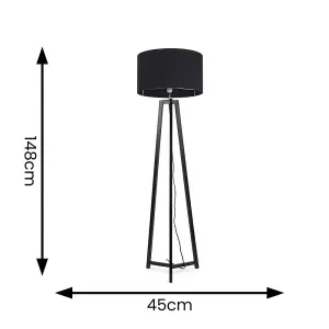 ValueLights Lottie Black Wood Tripod Floor Lamp with Black Drum Shade