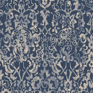 Next Majestic damask Navy Metallic effect Smooth Wallpaper