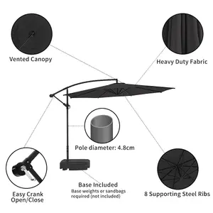 3M Large Rotatable Garden Sun Shade Cantilever Parasol Patio Hanging Banana Umbrella Crank Tilt with 60L Fillable Base, Black