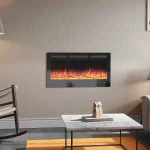 Black Electric Fire Wall Mounted or Inset Fireplace Heater 12 Flame Colors Adjustable with Remote Control 40 Inch