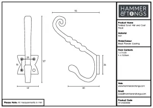 Hammer & Tongs - Twisted Scroll Hat & Coat Hook - W40mm x H125mm - Black