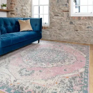 Pink Blue Pastel Traditional Medallion Living Area Rug 80x150cm