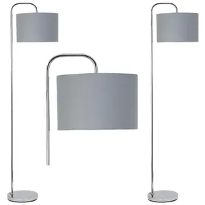 First Choice Lighting Set of 2 Chrome Arched Floor Lamps with Grey Cotton Shades