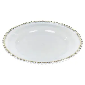 URBNLIVING 32cm Round 12 Pcs Clear Gold Rim Charger Plates Set with Metallic Beaded Coloured Rim