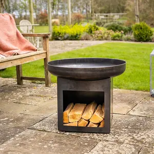 Laguna Fire Pit Bowl & Log Store - Weatherproof Metal Outdoor Garden Log Wood Burner with Brushed Oil Finish - H50 x 60cm Diameter