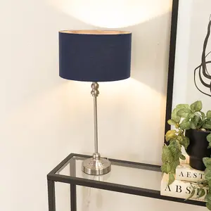 ValueLights Maggie Brushed Chrome Candlestick Table Lamp with Navy Blue Fabric Drum Shade and LED Bulb