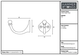 Hammer & Tongs - Arrow Head Hook - W35mm x H40mm - Black