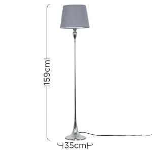 ValueLights Faulkner Modern Polished Chrome Spindle Design Floor Lamp with Grey Tapered Shade - Includes 10w LED GLS Bulb 3000K