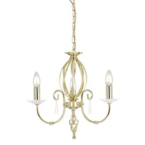 3 Bulb Chandelier Cut Glass Droplets Central Curved Stem Polished Brass E14 60W