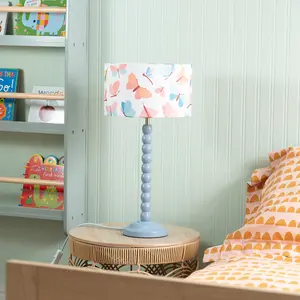 Powder Blue Bobbin Stem Table Lamp with Butterfly Drum Shade for Living Room Bedroom - LED Bulb Included