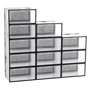 Set of 12 Clear Plastic Stackable Foldable Shoe Storage Box Organiser 34cm W x 24cm D x 18cm H