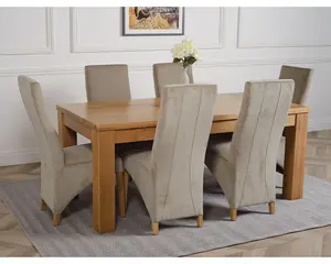 Dakota 182 x 92 cm Chunky Oak Large Dining Table and 6 Chairs Dining Set with Lola Grey Fabric Chairs