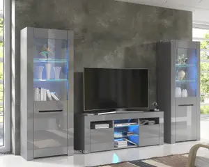 Furneo High Gloss & Matt Grey Living Room Set TV Stand Display Cabinets MilanoG Blue LED Lights