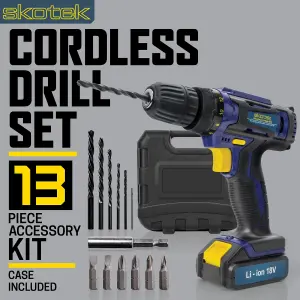 Skotek Cordless Drill Driver 18V/20V Max Li-Ion 13Pc Electric Screwdriver Accessory Kit LED Work Light Battery & Charger Included