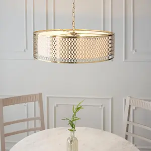 Luminosa Cordero Single Pendant Ceiling Lamp, Gold Effect Plate, White Fabric, Frosted Glass