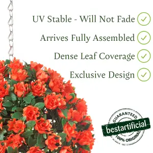 Best Artificial 23cm Orange Rose Hanging Basket Flower Topiary Ball - Suitable for Outdoor Use - Weather & Fade Resistant