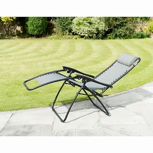 2x Zero Gravity Reclining Garden Chairs With Cup And Phone Holder, Outdoor Folding Sun loungers - Grey