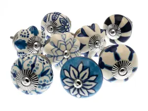 MangoTreeKnobs - Mixed Set of Blue & White Ceramic Cupboard Knobs x Pack 8 (MG-702)