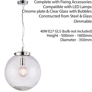 Hanging Ceiling Pendant Light Chrome & GLASS Large Round Shade Lamp Bulb Holder